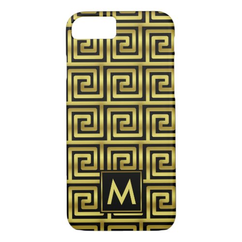 Upscale Black Faux Gold Monogram Greek Key Classy iPhone 87 Case