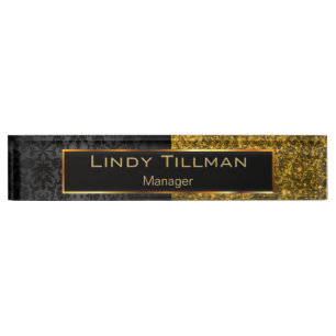 Upscale Dark Gold Glitter and Black Damask Nameplate
