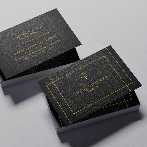 Upscale faux black lather gold script lawyer business card