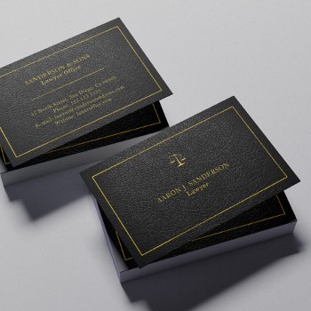 Upscale Faux Black Leather Gold Frame Lawyer Business Card by uniqueoffice at Zazzle
