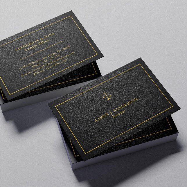 Upscale faux black leather gold frame lawyer business card (Creator Uploaded)