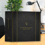 Upscale faux black leather gold typography lawyer 3 ring binder<br><div class="desc">Luxury elegant lawyer binder featuring a faux gold double vertical lateral fine stripes and a justice scale over a black faux leather (PRINTED) background.                Easy to personalize on front,  spine,  and backside!              Suitable for legal services consultants,  lawyer office,  attorney at law,  legal advisors,  judge,  and other legal professionals.</div>