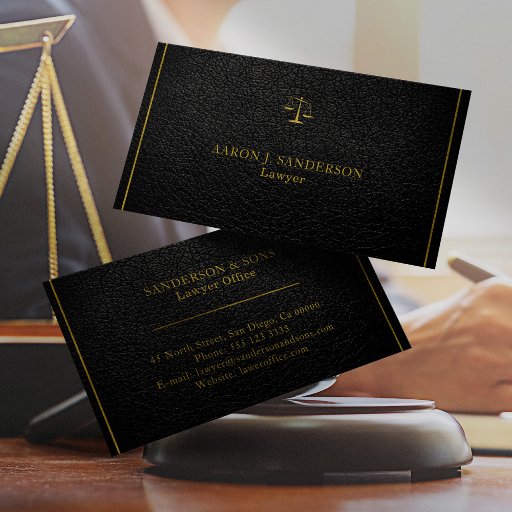 Customizable Upscale faux black leather gold typography lawyer business card