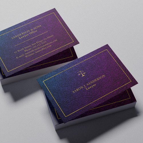 Upscale faux purple leather gold frame lawyer business card