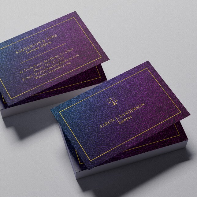 Upscale faux purple leather gold frame lawyer business card (Creator Uploaded)