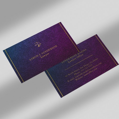 Upscale faux purple leather gold typography lawyer business card