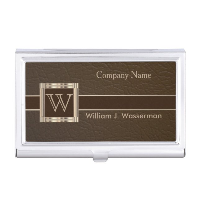 Upscale Monogram Chocolate Leather Business Card Case (Front)