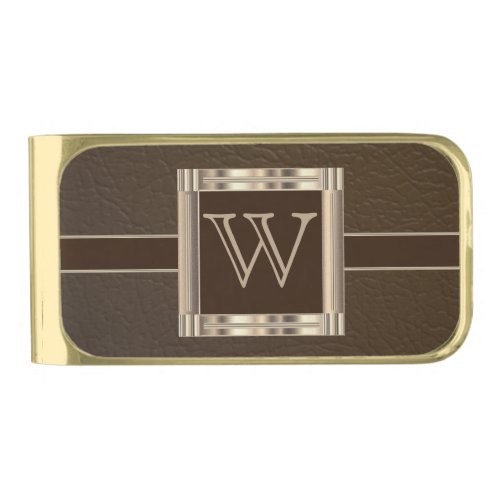 Upscale Monogram Chocolate Leather Gold Finish Money Clip