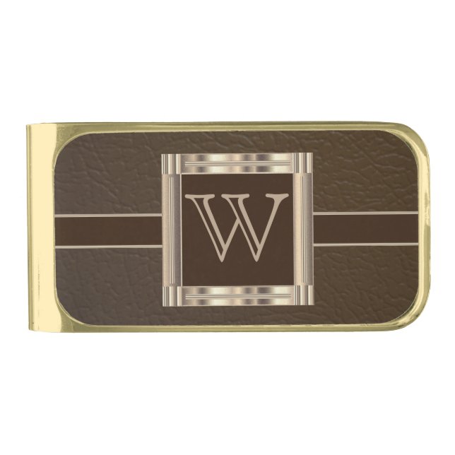 Upscale Monogram Chocolate Leather Gold Finish Money Clip (Front)
