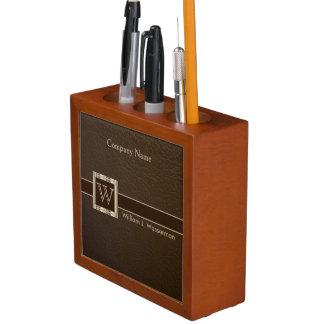 Upscale Monogram Chocolate Leather Pencil Holder