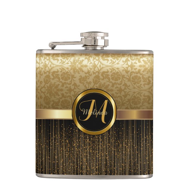 Upscale Monogram Golden Pattern Design Flask (Front)