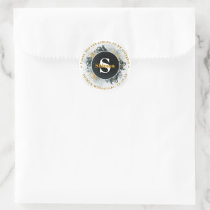 Upsherin Thank You Initial BLK Watercolor Glitter  Classic Round Sticker