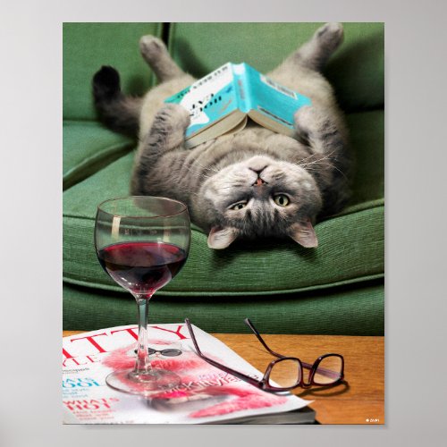 Upside Down Cat Reading Book Poster