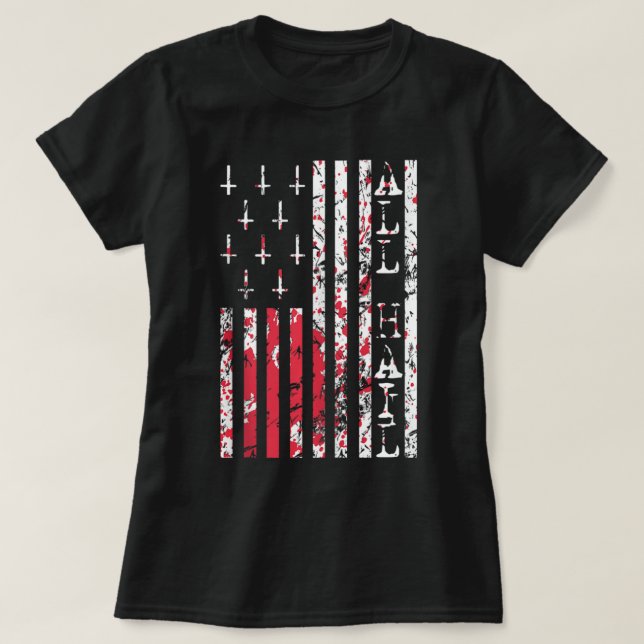 Upside Down Cross Occult American Flag All Hail Sa T-Shirt (Design Front)