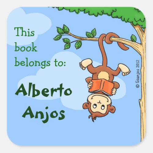Upside Monkey  funny booklabel for kids Square Sticker