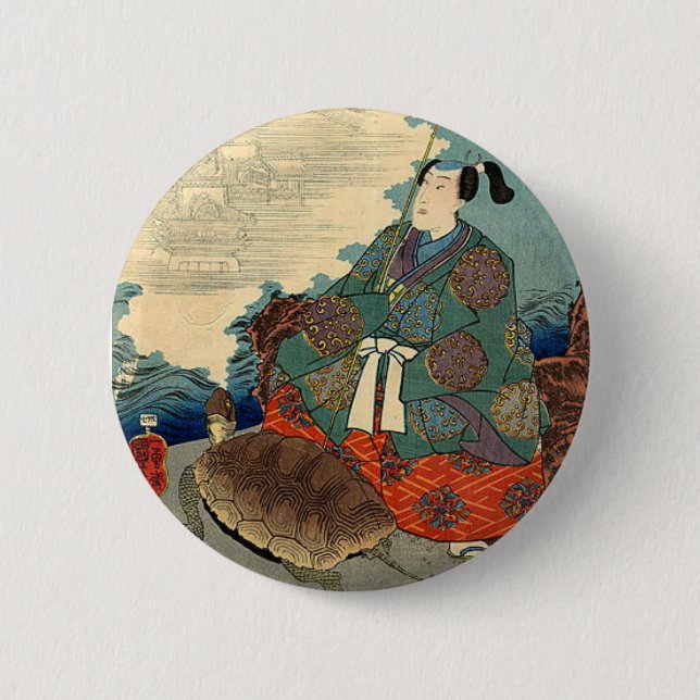 Urashima Taro and the Turtle Japanese Fairy Tale Pinback Button (Front)