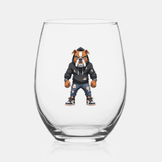 Urban Alpha Bulldog � Street Style Mascot  Stemless Wine Glass