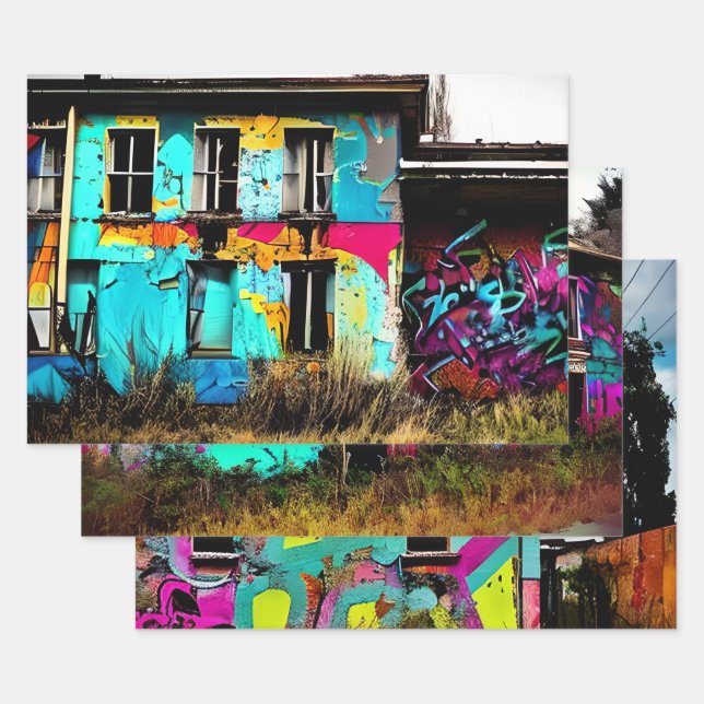 Urban Art Abandoned Graffiti Building   Wrapping Paper Sheets (Set)