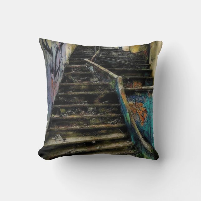 Urban Art on Stairs Abandoned Building Throw Pillow (Front)