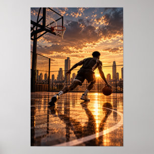 Urban Basketball Dribbling at Sunset – City Skylin Poster