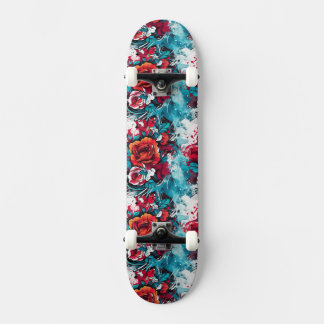 Urban Bloom: Red & Blue Rose Graffiti Skateboard