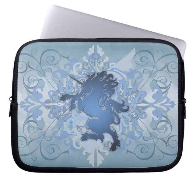 Urban Blue Fantasy Scroll Unicorn Laptop Sleeve (Front)