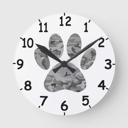 Urban Camo Puppy Paw Print Round Clock