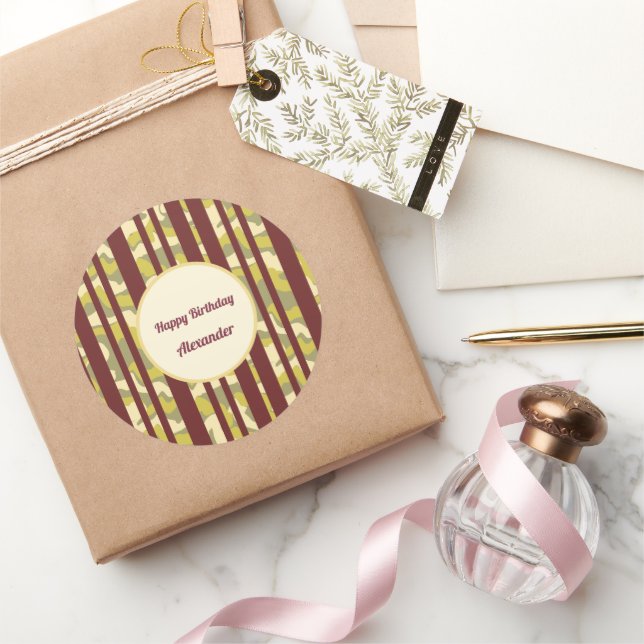 Urban Camo Stripe Pattern Happy Birthday Classic Round Sticker (Gifting)