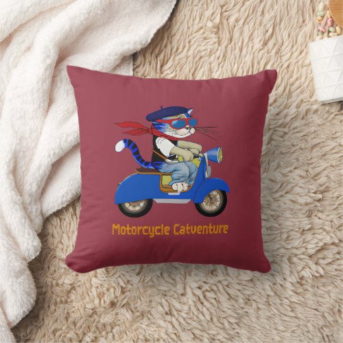 urban cat blue scooter _ Funny cat Throw Pillow