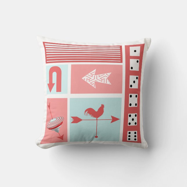 Urban Chicken Farm Mid-Century Aqua Red Retro Throw Pillow (Front)