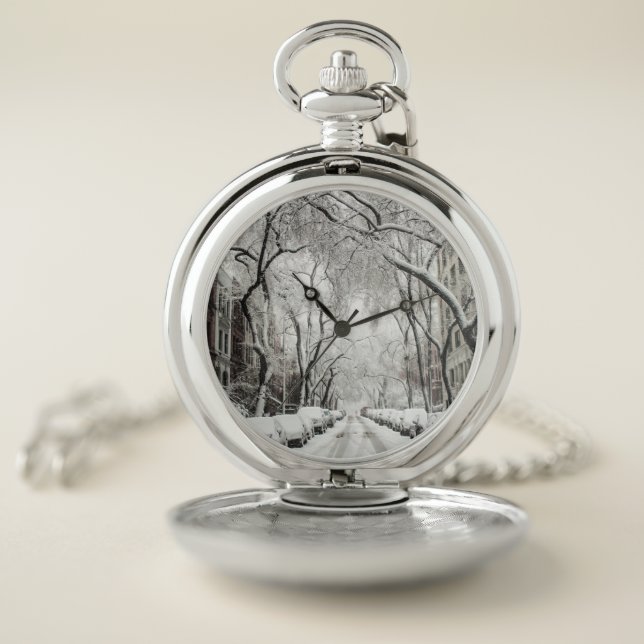 Urban Christmas Snow in Brooklyn NY Pocket Watch (Inside)