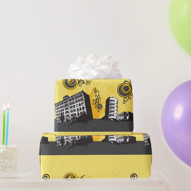 Urban Cityscape Yellow and Grey Retro Abstract Wrapping Paper (Creator Uploaded)