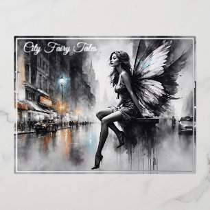 Urban dark fairy fantasy futuristic gothic city foil holiday postcard
