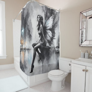 Urban dark fairy fantasy futuristic gothic city  shower curtain