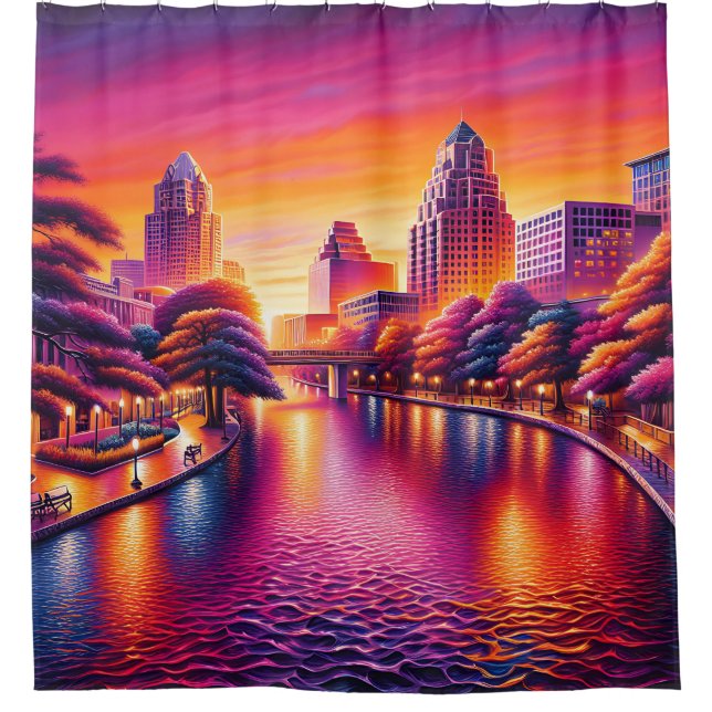 "Urban Dawn: San Antonio Riverwalk" Shower Curtain (Front)