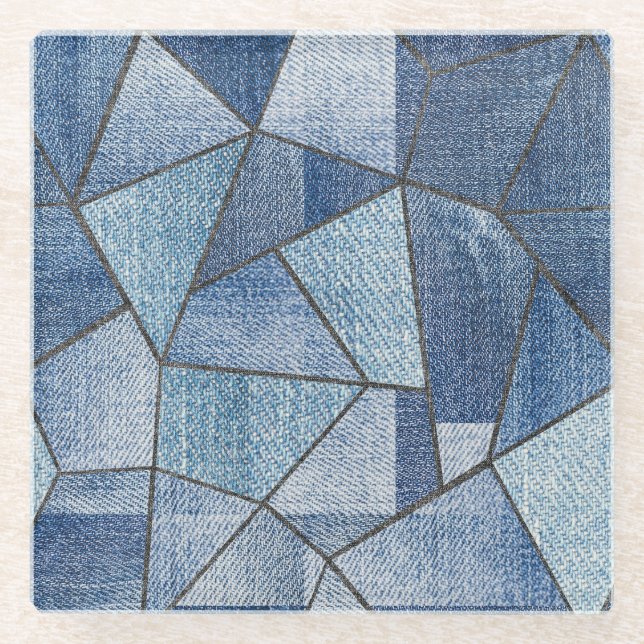 Urban Denim: Distressed Patchwork Design Glass Coaster (Front)