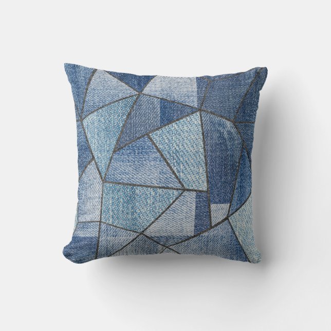 Urban Denim: Distressed Patchwork Design Throw Pillow (Front)