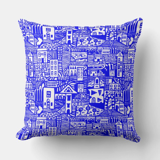 Urban Dream - Blue on White Throw Pillow (Front)