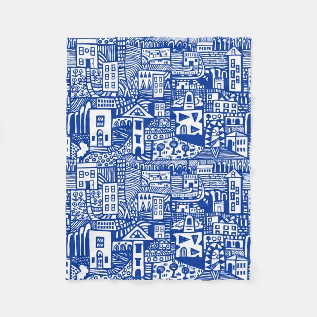 Urban Dream - Navy Blue and White Fleece Blanket (Front)