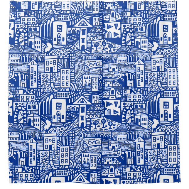 Urban Dream - Navy Blue on White Shower Curtain (Front)