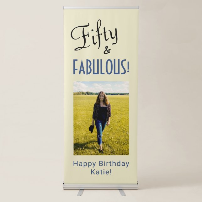 Urban Ecru Retro Script 50th Birthday Photo Retractable Banner (Front)