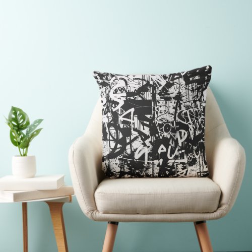 Urban Edge Black and White Graffiti Throw Pillow