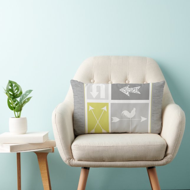 Urban Farm Chickens Gray Yellow Rooster Lumbar Pillow (Chair)