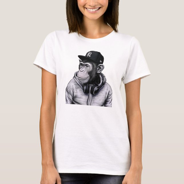 Urban Fashion Monkey With Headphones Casual White T-Shirt (Front)