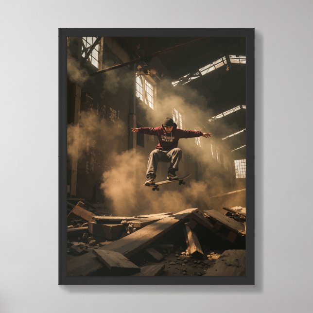 Urban Flight – Grunge Skateboarding Poster (Framed Front)