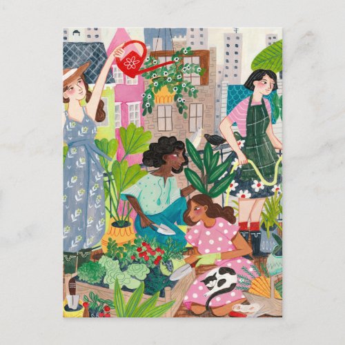 Urban gardening women illustrations postcard
