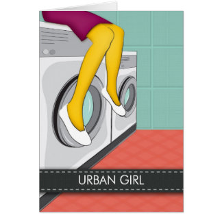 Urban girl sitting in a laundry in the big city cards
