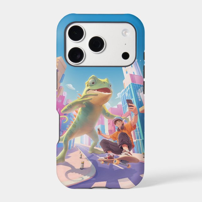 Urban Glide: Giant Chameleon Skater Selfie iPhone Case (Back)