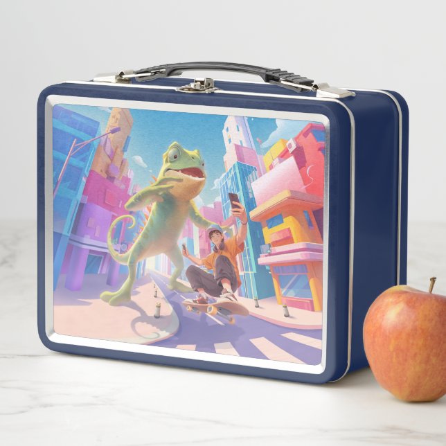 Urban Glide: Giant Chameleon Skater Selfie Metal Lunch Box (In Situ)