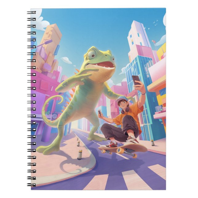 Urban Glide: Giant Chameleon Skater Selfie Notebook (Front)